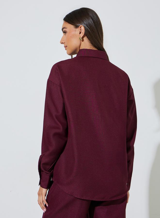 Styli Burgundy Solid Long Sleeves Button-Up Oversized Shirt - Image 4