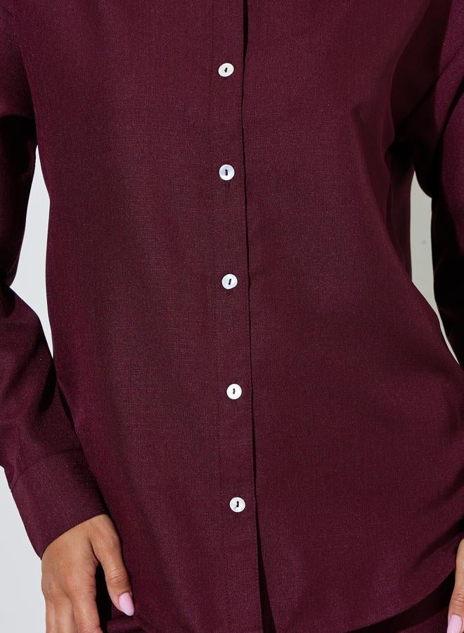 Styli Burgundy Solid Long Sleeves Button-Up Oversized Shirt - Image 3