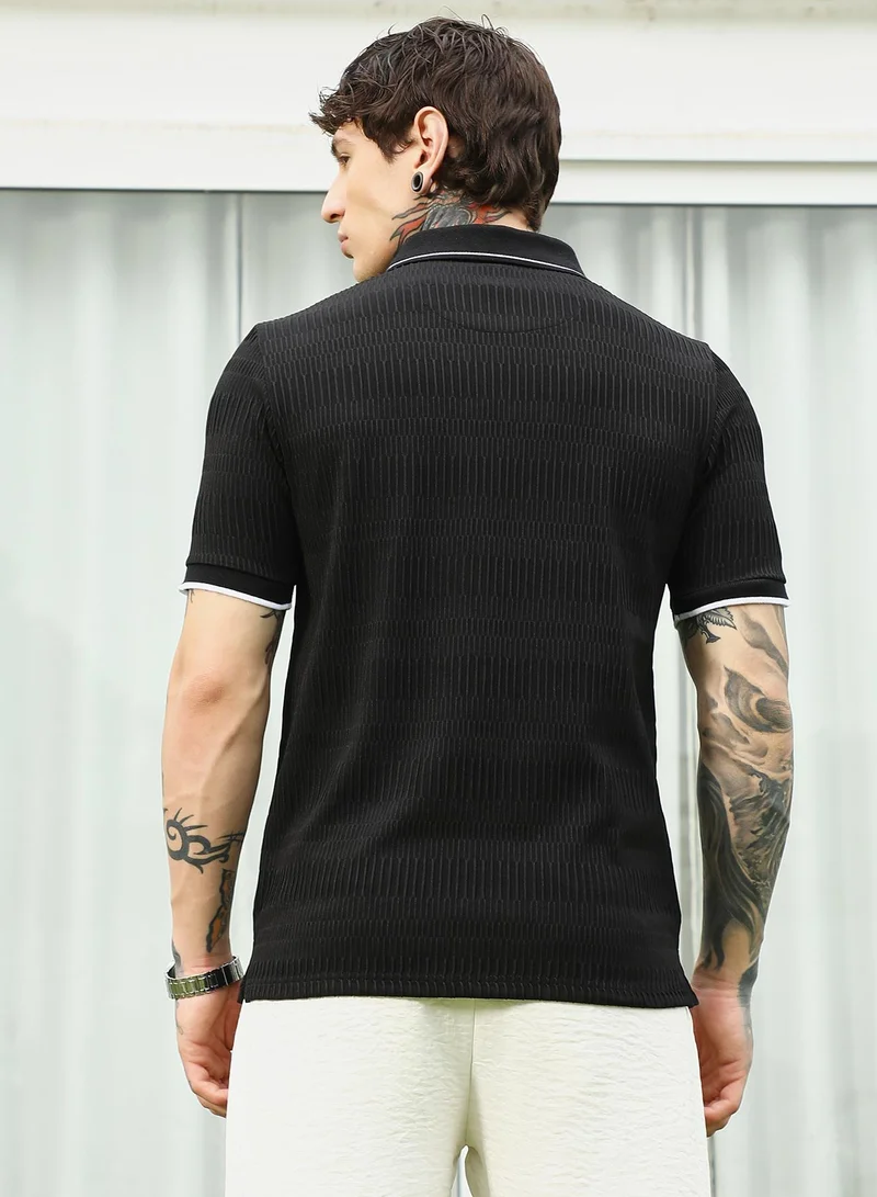 Campus Sutra Men's Textured Black Polo T-Shirt with Contrast Trim