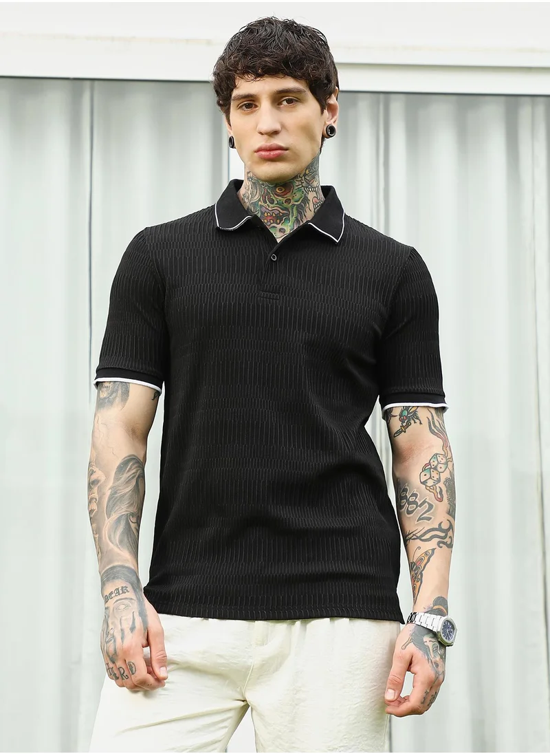 كامبوس سوترا Men's Textured Black Polo T-Shirt with Contrast Trim