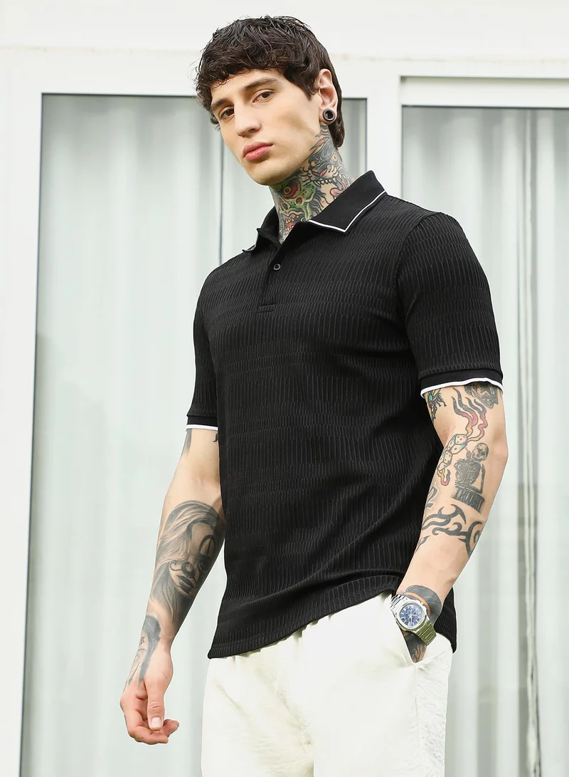 Campus Sutra Men's Textured Black Polo T-Shirt with Contrast Trim