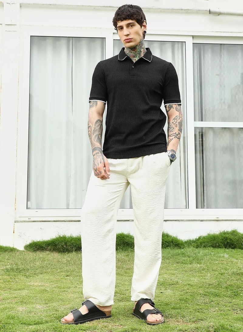 Campus Sutra Men's Textured Black Polo T-Shirt with Contrast Trim