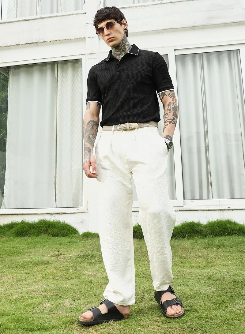 Campus Sutra Men's Textured Black Polo T-Shirt with Contrast Trim
