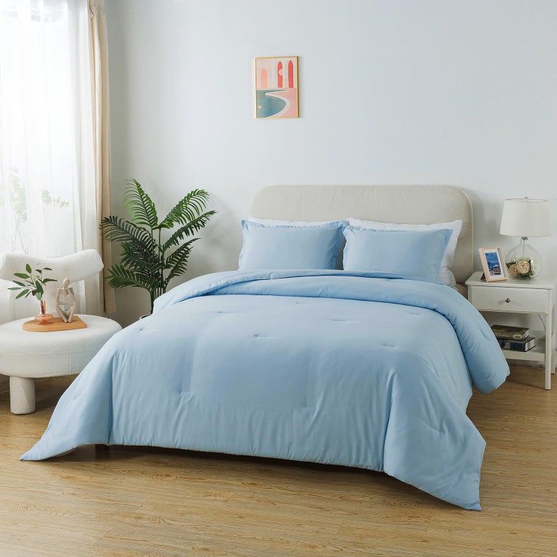 Caressma Light Blue Comforter Set Twin Size, Solid Lightweight Down Alternative Soft Boho Bedding Comforter Set, Breathable Fluffy Microfiber Skin-Friendly Comforter (68"x90") for All Seasons - Image 2