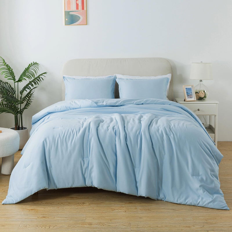 Caressma Light Blue Comforter Set Twin Size, Solid Lightweight Down Alternative Soft Boho Bedding Comforter Set, Breathable Fluffy Microfiber Skin-Friendly Comforter (68"x90") for All Seasons - Image 1