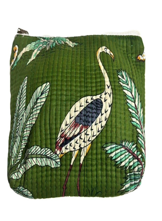 Bumbleberry Set of 1 Jaipur Textiles Multipurpose Quilted Pouch I Travel Organiser Kit I Pure Cotton I Waterproof Inner Linning | Hand-Block Printed I Mehndi Green I Beautiful Bird Design Pattern - Image 2