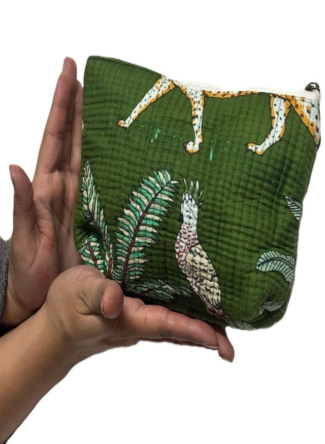 Bumbleberry Set of 1 Jaipur Textiles Multipurpose Quilted Pouch I Travel Organiser Kit I Pure Cotton I Waterproof Inner Linning | Hand-Block Printed I Mehndi Green I Beautiful Bird Design Pattern - Image 5