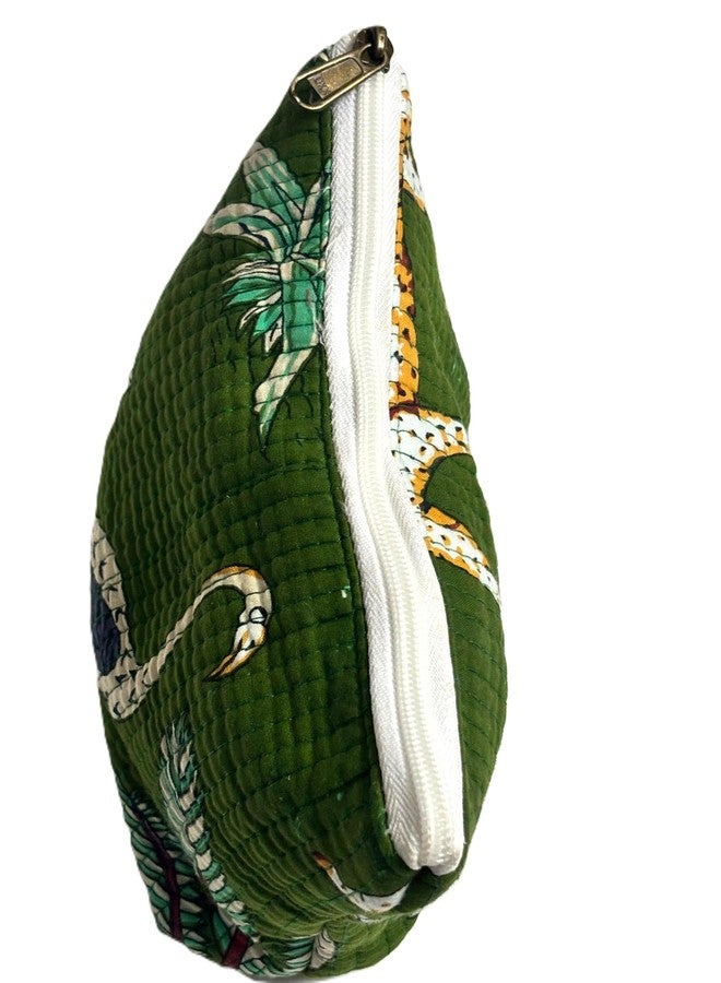 Bumbleberry Set of 1 Jaipur Textiles Multipurpose Quilted Pouch I Travel Organiser Kit I Pure Cotton I Waterproof Inner Linning | Hand-Block Printed I Mehndi Green I Beautiful Bird Design Pattern - Image 4