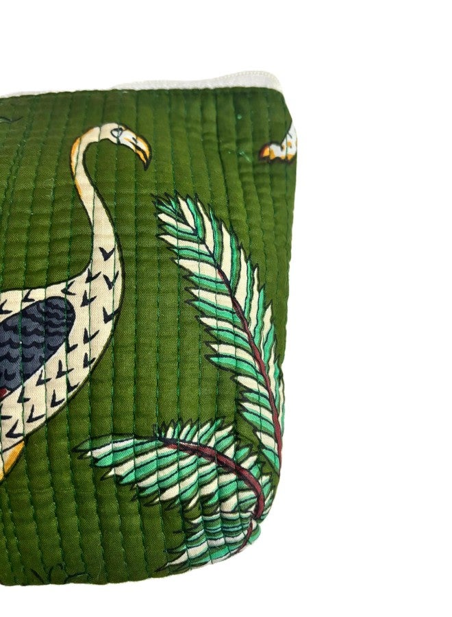 Bumbleberry Set of 1 Jaipur Textiles Multipurpose Quilted Pouch I Travel Organiser Kit I Pure Cotton I Waterproof Inner Linning | Hand-Block Printed I Mehndi Green I Beautiful Bird Design Pattern - Image 3