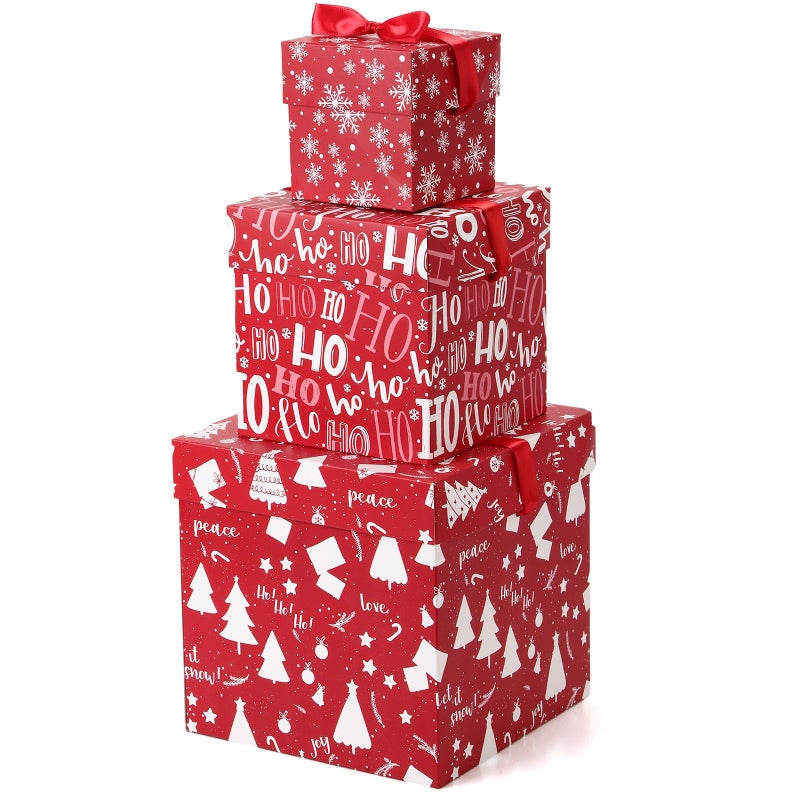 TecUnite 3 Pcs Christmas Stackable Nesting Gift Boxes Christmas Decorative Boxes with Lids for Present Wrapping Xmas New Year Holiday Party Xmas Tree Decor StylishRed White - Image 2