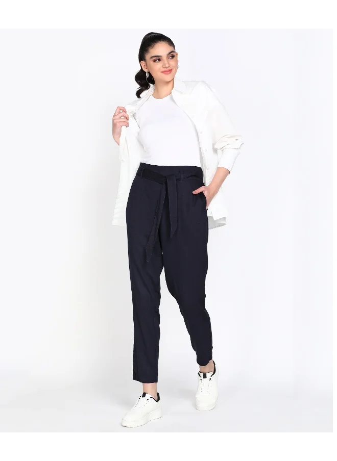 مرفوعة Navy Women Tapered Casual Solid Regular Tapered Pants