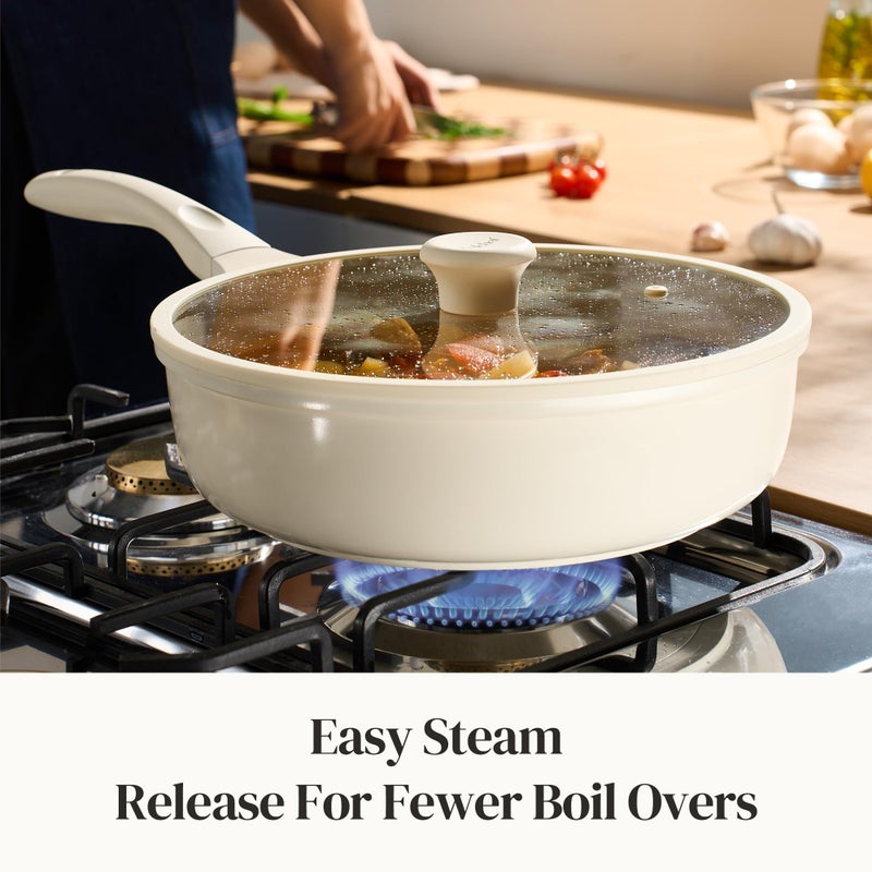 Redchef Ceramic Frying Pan with Glass Lid, Nonstick Deep Saute Pan for All Stovetops, Healthy Cooking Pan, Ergonomic Handle, Fast Even Heating, Splatter Prevention, Oven Safe, Beige (5.2Qt, 12") - Image 3