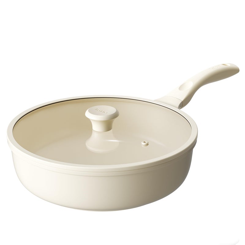 Redchef Ceramic Frying Pan with Glass Lid, Nonstick Deep Saute Pan for All Stovetops, Healthy Cooking Pan, Ergonomic Handle, Fast Even Heating, Splatter Prevention, Oven Safe, Beige (5.2Qt, 12") - Image 1