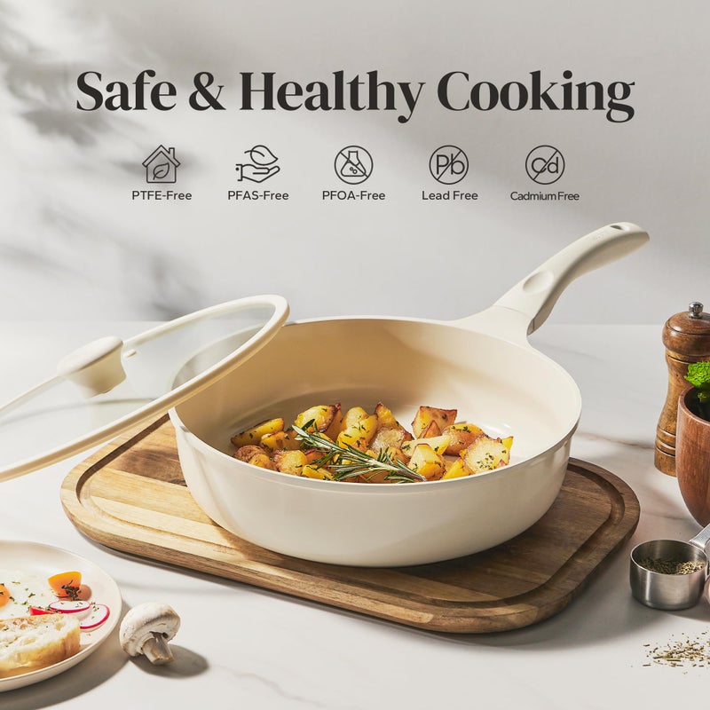 Redchef Ceramic Frying Pan with Glass Lid, Nonstick Deep Saute Pan for All Stovetops, Healthy Cooking Pan, Ergonomic Handle, Fast Even Heating, Splatter Prevention, Oven Safe, Beige (5.2Qt, 12") - Image 2