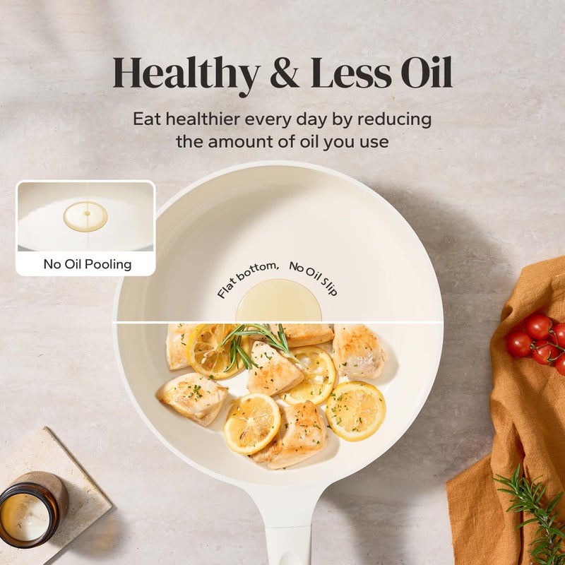 Redchef Ceramic Frying Pan with Glass Lid, Nonstick Deep Saute Pan for All Stovetops, Healthy Cooking Pan, Ergonomic Handle, Fast Even Heating, Splatter Prevention, Oven Safe, Beige (5.2Qt, 12") - Image 5