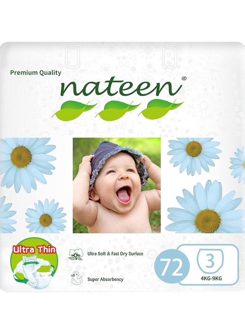 Nateen Premium Care Diaper,Size 3 (4-9kg),Medium,72 Count Diapers,Super Absorbent,Breathable Baby Diapers.