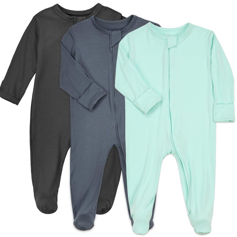 Aablexema Baby Zipper Pajamas Bamboo Rayon 3pcs Unisex Infant Onesie with Mitten Long Sleeve Footed PjsDark Grey Aqua Moonlight Blue03m