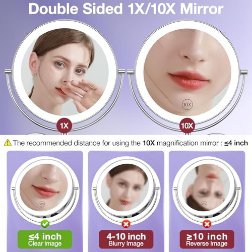 Benbilry 9" Large Size Wall Mounted Lighted Makeup Vanity Mirror, 1X/10X Magnifying 2-Sided AC Plug-in Powered Bathroom Mirror, 360° Swivel 13 Inch Extendable Arm, Chrome - Image 3