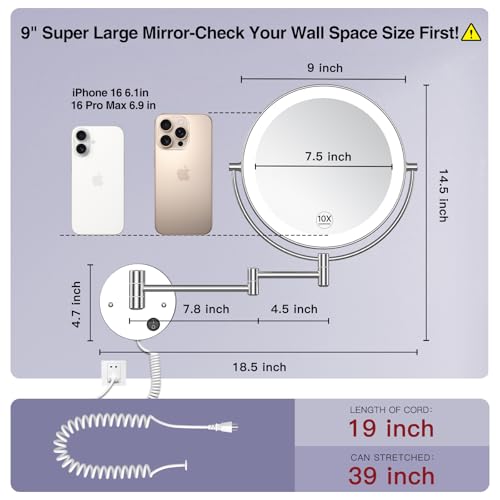 Benbilry 9" Large Size Wall Mounted Lighted Makeup Vanity Mirror, 1X/10X Magnifying 2-Sided AC Plug-in Powered Bathroom Mirror, 360° Swivel 13 Inch Extendable Arm, Chrome - Image 2