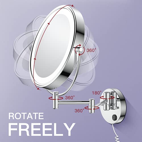 Benbilry 9" Large Size Wall Mounted Lighted Makeup Vanity Mirror, 1X/10X Magnifying 2-Sided AC Plug-in Powered Bathroom Mirror, 360° Swivel 13 Inch Extendable Arm, Chrome - Image 4