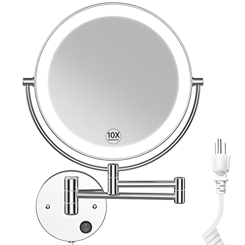 Benbilry 9" Large Size Wall Mounted Lighted Makeup Vanity Mirror, 1X/10X Magnifying 2-Sided AC Plug-in Powered Bathroom Mirror, 360° Swivel 13 Inch Extendable Arm, Chrome - Image 1
