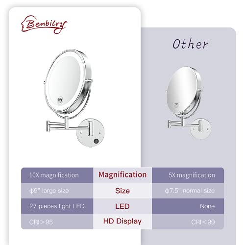 Benbilry 9" Large Size Wall Mounted Lighted Makeup Vanity Mirror, 1X/10X Magnifying 2-Sided AC Plug-in Powered Bathroom Mirror, 360° Swivel 13 Inch Extendable Arm, Chrome - Image 5