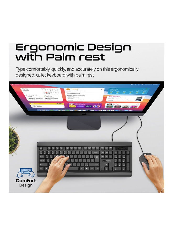 PROMATE Wired Keyboard and Mouse Combo, Ergonomic Slim Full-Size Quiet Keyboard, 1200 DPI Ambidextrous Mouse, Spill-Resistance, Media Keys, Plug and Play for iMac, MacBook Pro, English/Arabic Black - Image 3