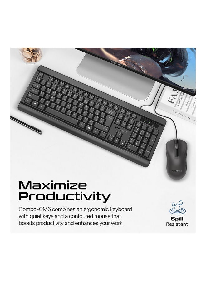 PROMATE Wired Keyboard and Mouse Combo, Ergonomic Slim Full-Size Quiet Keyboard, 1200 DPI Ambidextrous Mouse, Spill-Resistance, Media Keys, Plug and Play for iMac, MacBook Pro, English/Arabic Black - Image 2