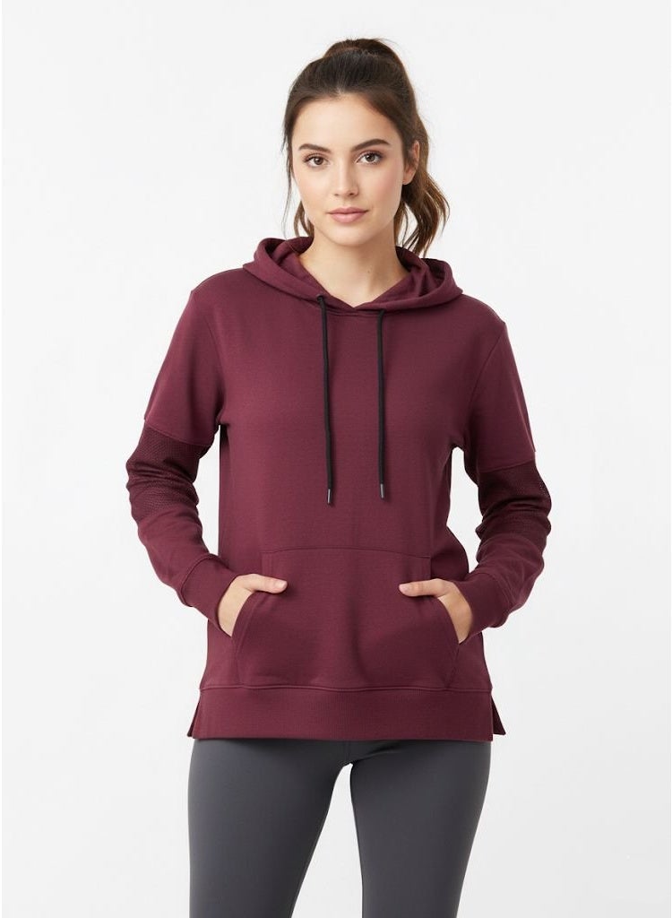 LOUD UNIVERSE هودي ماروني للنساء بأكمام شبكية – سويت شيرت نشط خفيف الوزن مع جيب كنغر - Image 1