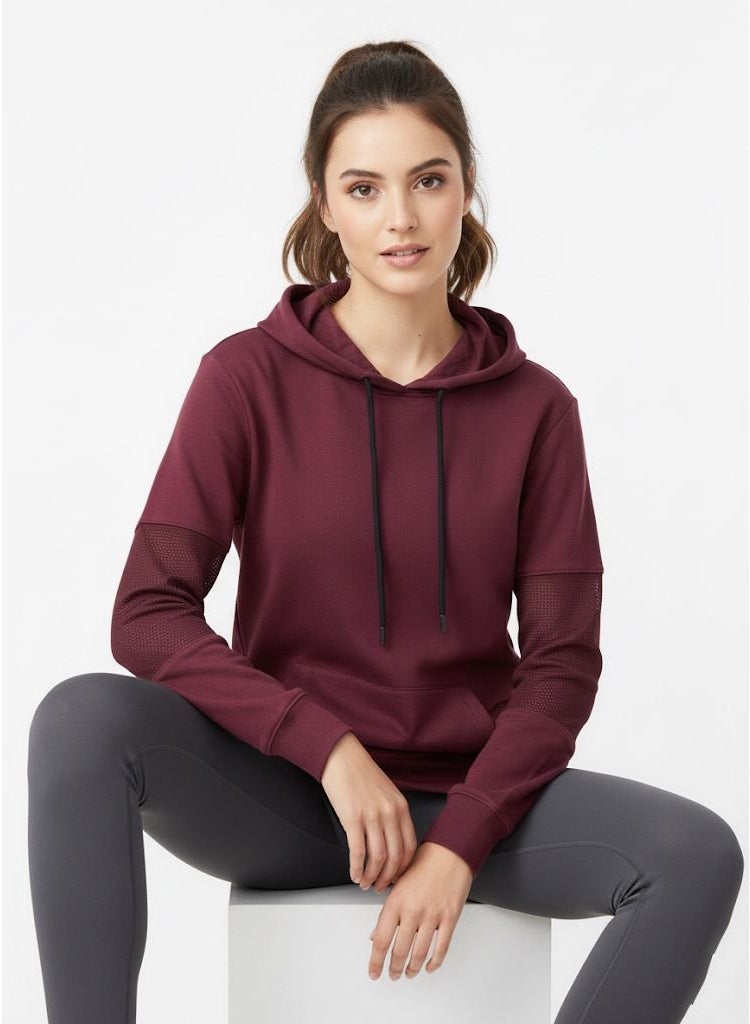 LOUD UNIVERSE هودي ماروني للنساء بأكمام شبكية – سويت شيرت نشط خفيف الوزن مع جيب كنغر - Image 2