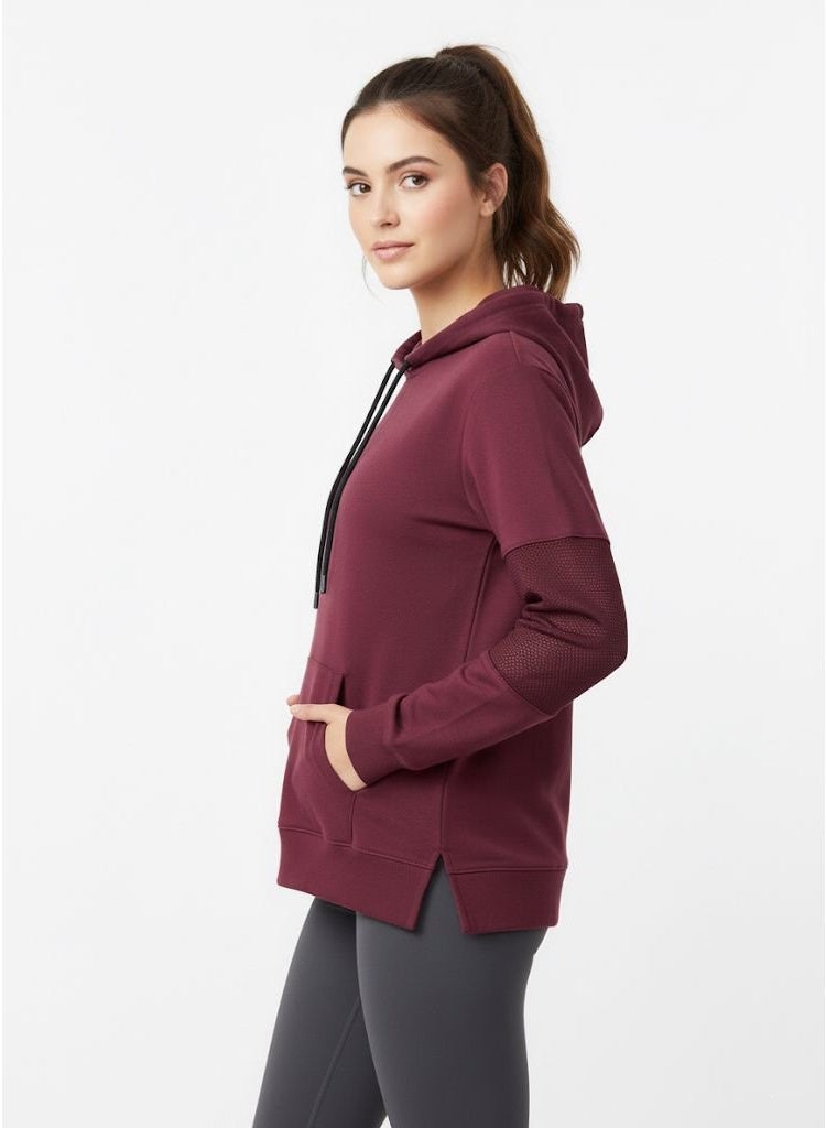 LOUD UNIVERSE هودي ماروني للنساء بأكمام شبكية – سويت شيرت نشط خفيف الوزن مع جيب كنغر - Image 5