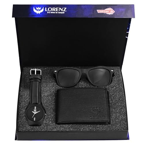 LORENZ men Black Analogue Watch, Wallet And Sunglasses Gift Combo Box And | CM-2036SN-WL-01 - Image 1