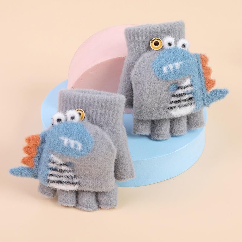 Newfancy Kids Boys Girls Dinosaur Flip Top Gloves with Mitten Cover Knitted Winter Fingerless Toddler Convertible Mittens - Image 4