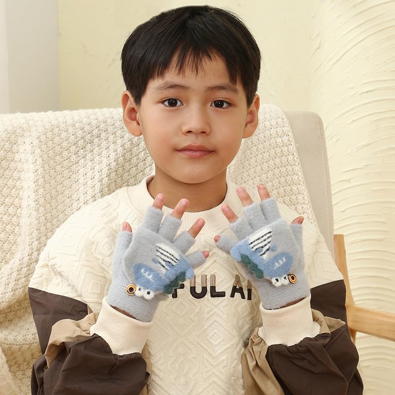 Newfancy Kids Boys Girls Dinosaur Flip Top Gloves with Mitten Cover Knitted Winter Fingerless Toddler Convertible Mittens - Image 2