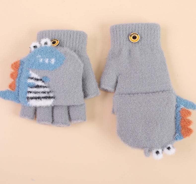 Newfancy Kids Boys Girls Dinosaur Flip Top Gloves with Mitten Cover Knitted Winter Fingerless Toddler Convertible Mittens - Image 5