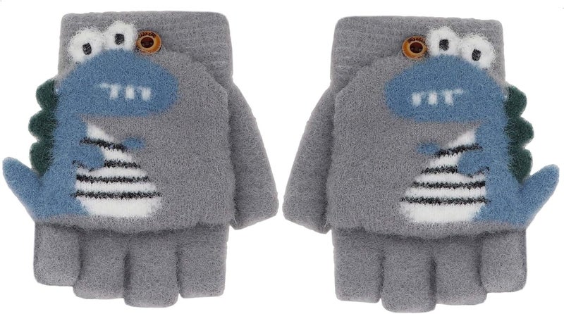 Newfancy Kids Boys Girls Dinosaur Flip Top Gloves with Mitten Cover Knitted Winter Fingerless Toddler Convertible Mittens - Image 1