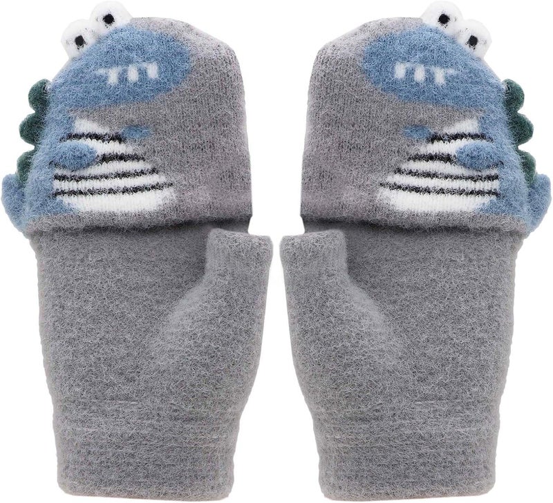 Newfancy Kids Boys Girls Dinosaur Flip Top Gloves with Mitten Cover Knitted Winter Fingerless Toddler Convertible Mittens - Image 3