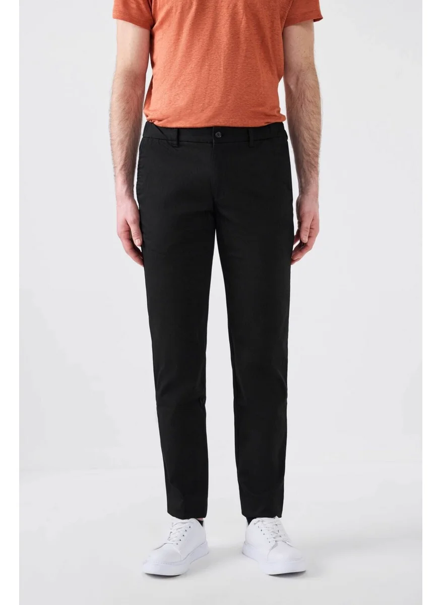 D'S DAMAT Slim Fit Black Dobby Side Waist Elastic Flexible Lycra Side Pocket Chino Trousers 2HCC3ORT20001