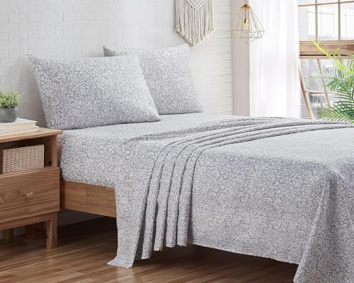 Indigo Ink Queen Size Sheet Set 4Piece Boho Floral Damask Patterned Bedding Soft Wrinkle Resistant Tufted Medallion Collection Grey