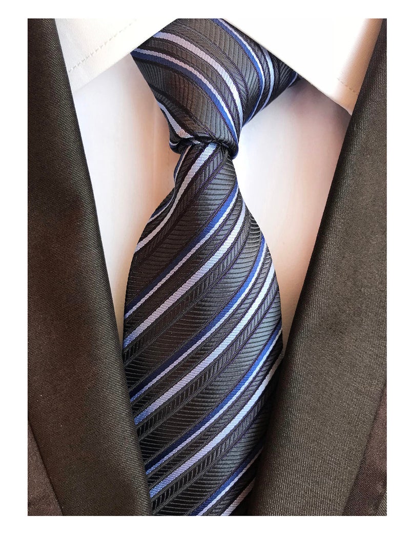 Elfeves Men's Dark Grey Blue Geometric Striped Tie Trendy Patterned Fashion Suit Necktie - Image 2