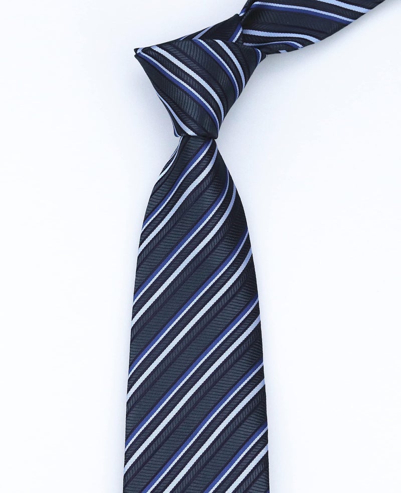 Elfeves Men's Dark Grey Blue Geometric Striped Tie Trendy Patterned Fashion Suit Necktie - Image 5