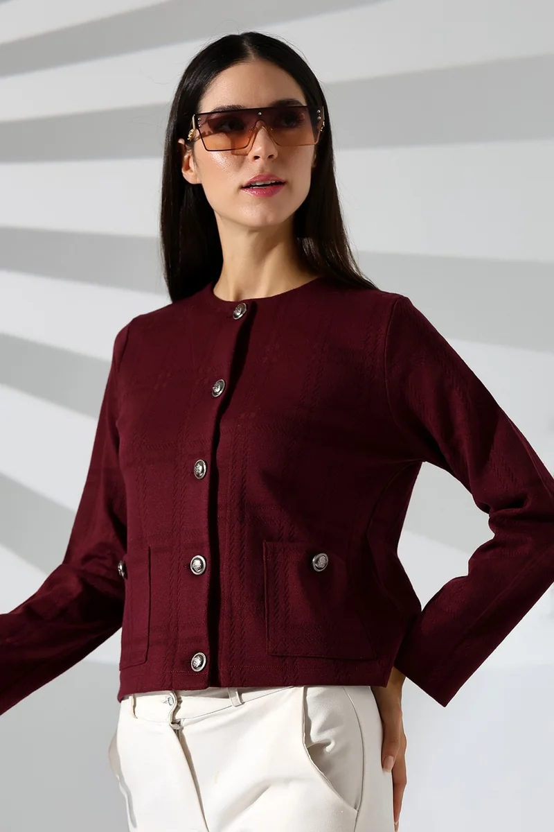 Şiir Calder Women's Claret Red Silver Buttoned Pocket Detail (Relaxed Fit) Crew Neck Jacquard Cardigan & Jacket