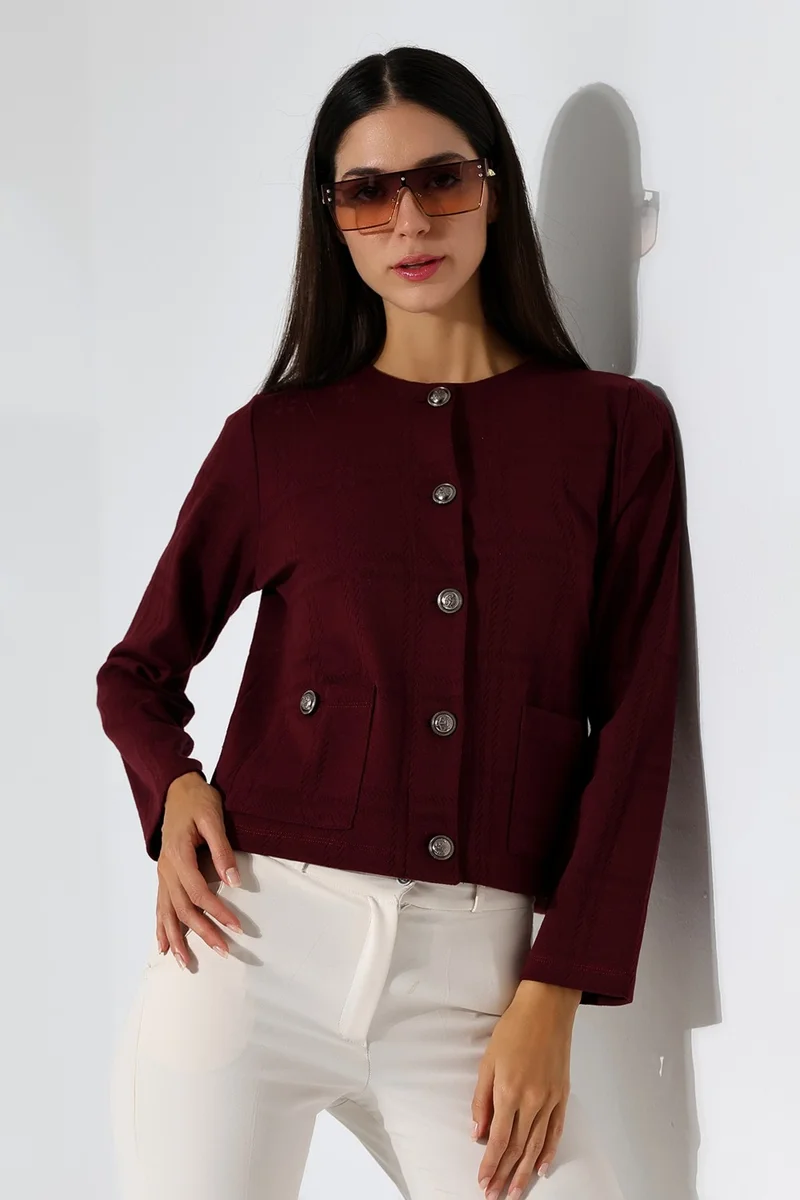 Şiir Calder Women's Claret Red Silver Buttoned Pocket Detail (Relaxed Fit) Crew Neck Jacquard Cardigan & Jacket