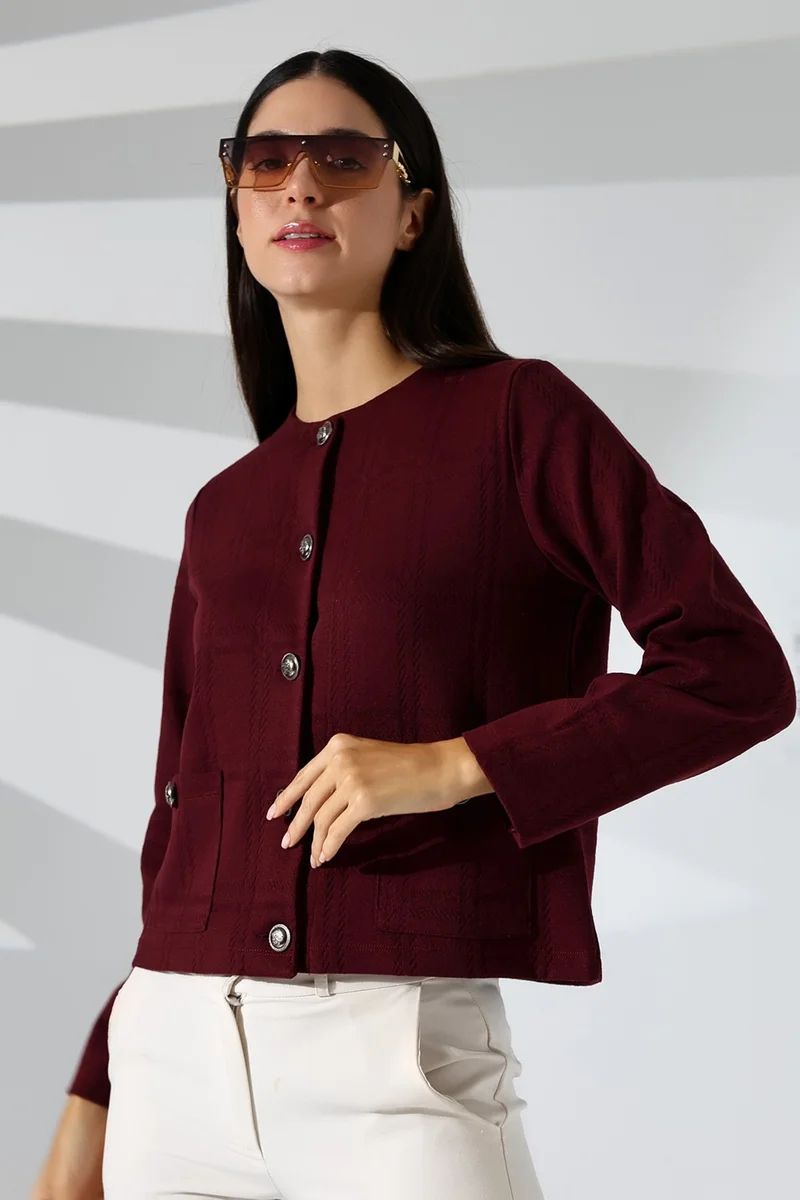 Şiir Calder Women's Claret Red Silver Buttoned Pocket Detail (Relaxed Fit) Crew Neck Jacquard Cardigan & Jacket