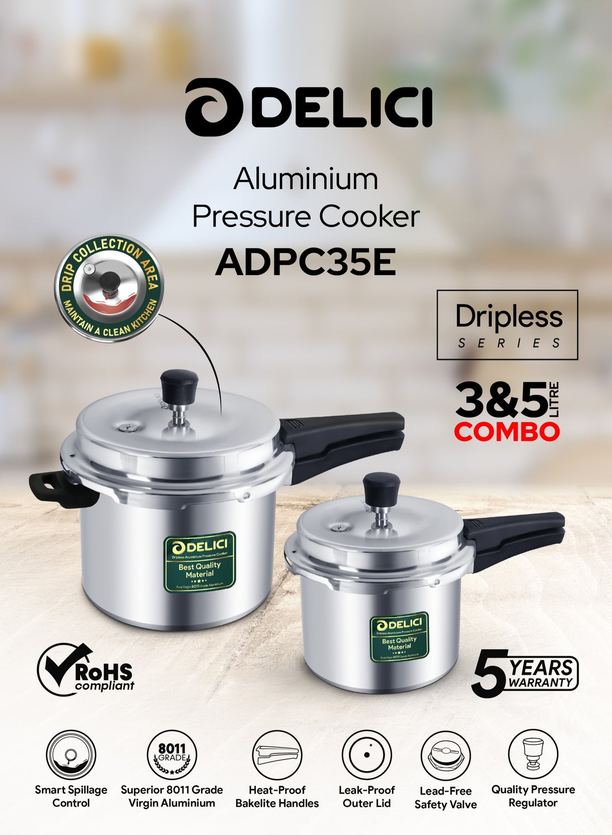 DELICI 5Ltr 3LtrLiters Aluminum Pressure Cooker Combo (5Ltr