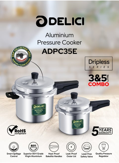 5Ltr + 3LtrLiters Aluminum Pressure Cooker Combo (5Ltr + 3Ltr), Dripless Design With Superior 8011 Grade Virgin Aluminum, Smart Spillage Control, Heat-Proof Bakelite Handles And Lead-Free Safety Valve, 5 Year warranty Silver