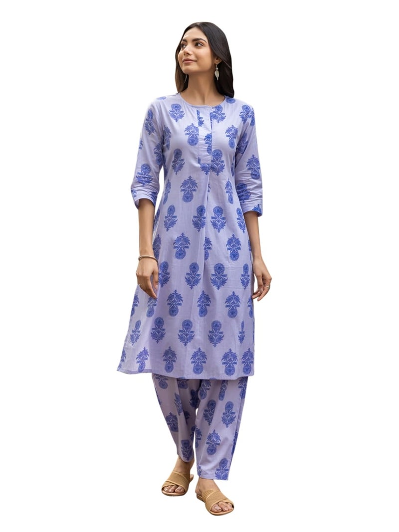 FIORRA Women's Blue Cotton Flared Kurta Set SET0198 - Image 1