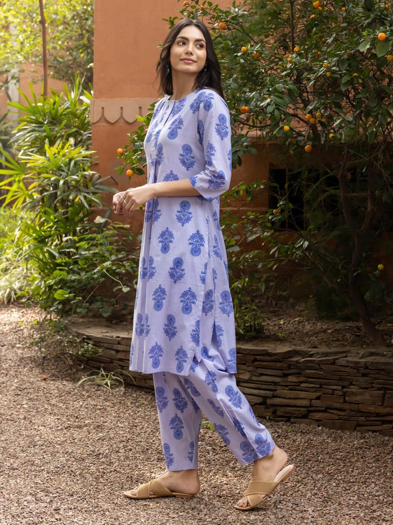 FIORRA Women's Blue Cotton Flared Kurta Set SET0198 - Image 3