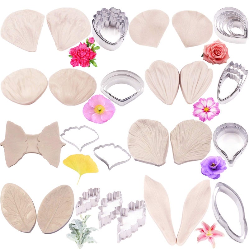 16set Gum Paste Flower Tools Kit 8set Flower Silicone Mold and 8set Stainless Steel Fondnat Cutter Gumpaste Cookie Cutter Sugarcraft Making tools for WeddingBirthday Cake Decorating