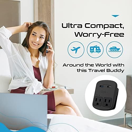 Ceptics مجموعة محولات السفر من سيبتيكس - QC 3.0 مزدوج USB + مخرجين أمريكيين مزدوجين، حماية من زيادة التيار، مثالي لأوروبا، المملكة المتحدة، الصين، أستراليا، اليابان، مثالي للكمبيوتر المحمول، الهواتف المحمولة، الكاميرات - آمن ETL - أسود - Image 5